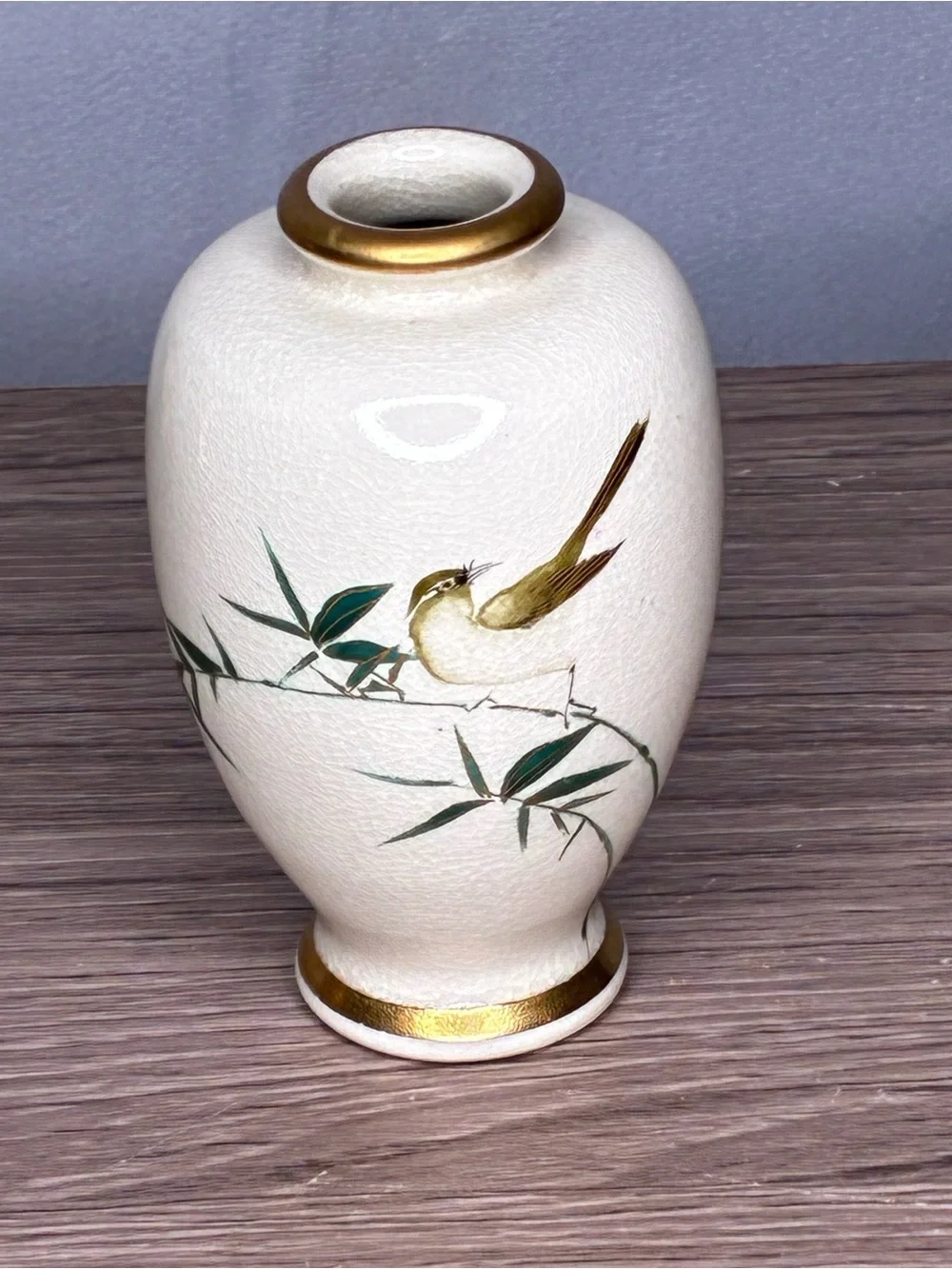 Antique Japanese Ceramic Bird Accent Bud Vase with Gold Trim